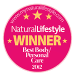 Award badge showing Natural Lifestyle Winner 2012 for Best Body and Personal Care.