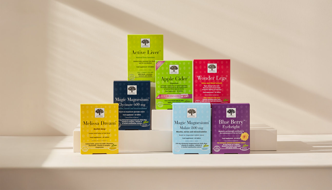 Variety of New Nordic products displayed with their recognizable colorful packaging.