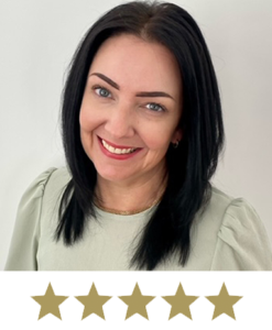 Hair Volume⢠4 Woman smiling with five stars displayed underneath.