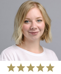 Hair Volume⢠1 Woman smiling with five stars displayed underneath.
