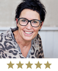 Hair Volume⢠2 Woman smiling with five stars displayed underneath.