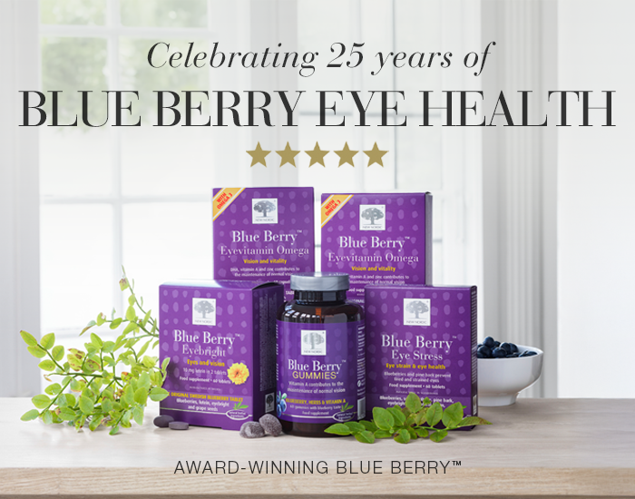 The range of Blue Berry™ products shown with text Celebrating 25 years of Blue Berry Eye Health.