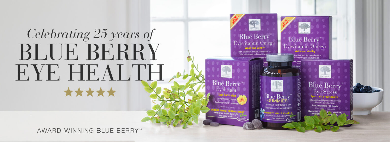 The range of Blue Berry™ products shown with text Celebrating 25 years of Blue Berry Eye Health, Award-winning blue berry™.