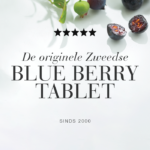 Tekstafbeelding met vijf sterren en blauwe bessen, met boodschap over de originele Zweedse Blue Berry™ tablet sinds 2000.