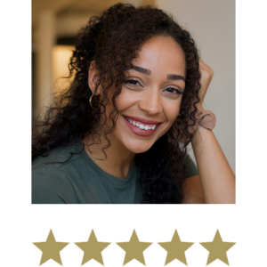 Active Magnesium™ Glycinate 8 Woman smiling with five stars displayed underneath.