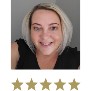 Collagen Shot™ 1 Woman smiling with five stars displayed underneath.