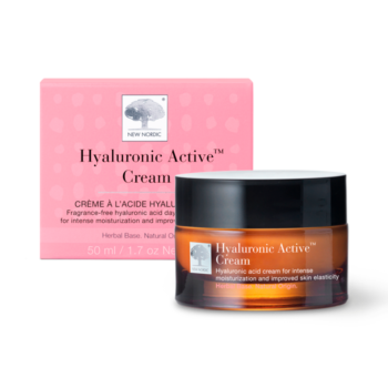 New Nordic Hyaluronic Active™ Cream, deeply moisturises, improves elasticity, and reduces wrinkles with hyaluronic acid and sea buckthorn.