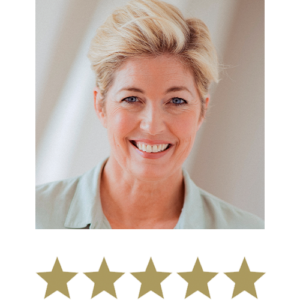 Collagen Shot™ 3 Woman smiling with five stars displayed underneath.
