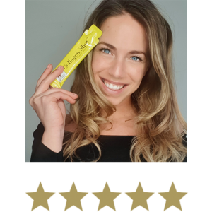 Collagen Shot™ 4 Woman smiling and posing with a collagen shot™ with five stars displayed underneath.