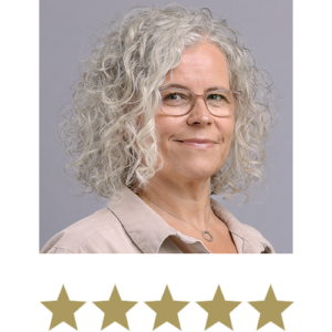 Collagen Shot™ 2 Woman smiling with five stars displayed underneath.