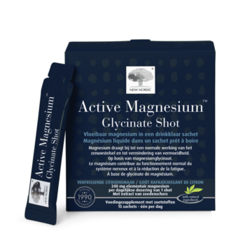 Active Magnesium™ Glycinate Shot verpakking met drinkklare magnesium sachets, helpt het behoud van spier- en zenuwfunctie.
