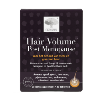 New Nordic Hair Volume™ Post Menopause tabletten in donkere verpakking, helpen sterk en glanzend haar te ondersteunen.