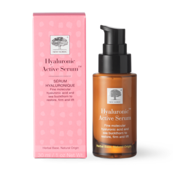 New Nordic Hyaluronic Active™ Serum, moisturises, soothes, and lifts for younger-looking skin with hyaluronic acid, sea buckthorn, and squalene.