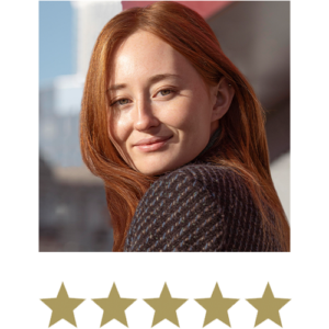 Hair Volume⢠Gummies 2 Woman smiling with five stars displayed underneath.