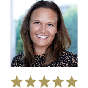 Hair Volume⢠Gummies 4 Woman smiling with five stars displayed underneath.