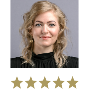 Hair Volume⢠Gummies 3 Woman smiling with five stars displayed underneath.