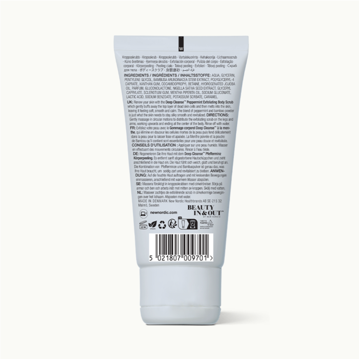 Achterkant van de Deep Cleanse™ Peppermint Exfoliating Body Scrub verpakking.