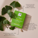 The bright green Ear Tone™ package displayed with ginkgo biloba leaves and text highlighting tablet benefits.