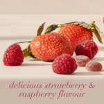 Setting with fresh strawberries, raspberries, and Hair, Skin and Nail Strong™ Gummies with text Delicious strawberry and raspberry flavour.