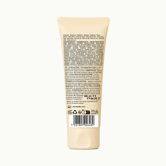 Achterkant van de Herbal Joy™ Anti-Ageing Hand Cream verpakking.