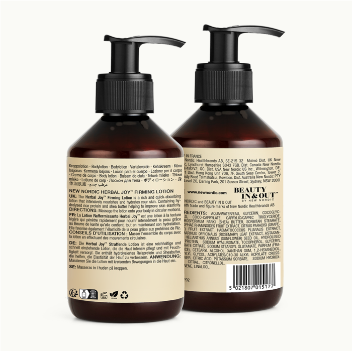 Achterkant van de Herbal Joy™ Firming Lotion verpakking.