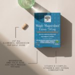 Benefits of the ingredients of Magic Magnesium™ Citrate, displayed with the blue package, a tablet, and a glass of water.