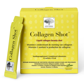 New Nordic Collagen Shots™ help maintain skin elasticity and contributes to reduced appearance of wrinkles, with hydrolysed marine collagen, vitamin C, acerola, and biotin. Image of product.