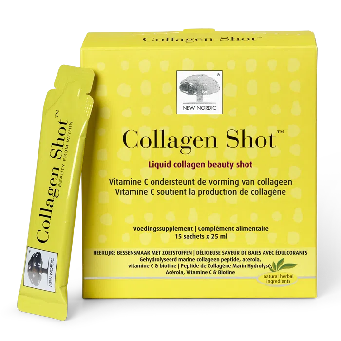 Home 16 New Nordic Collagen Shots™ help maintain skin elasticity and contributes to reduced appearance of wrinkles, with hydrolysed marine collagen, vitamin C, acerola, and biotin. Image of product.