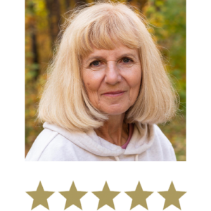 Active Magnesium™ Malate 10 Woman smiling with five stars displayed underneath.