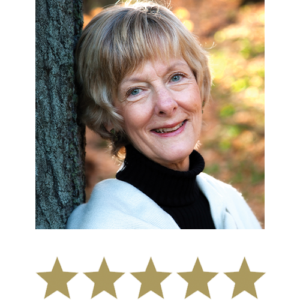 Melissa Dream™ 6 Older Woman smiling, against a tree with five stars beneath