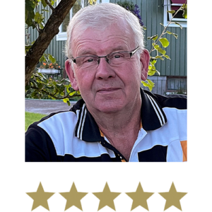 Active Legs⢠4 Image of an older man wearing glasses smiling with five stars beneath.