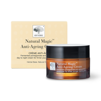 New Nordic Natural Magic™ Anti-Ageing Cream, reduces wrinkles while moisturizing, firming, smoothing, and brightening skin with pomegranate, astaxanthin, and sunflower oil.