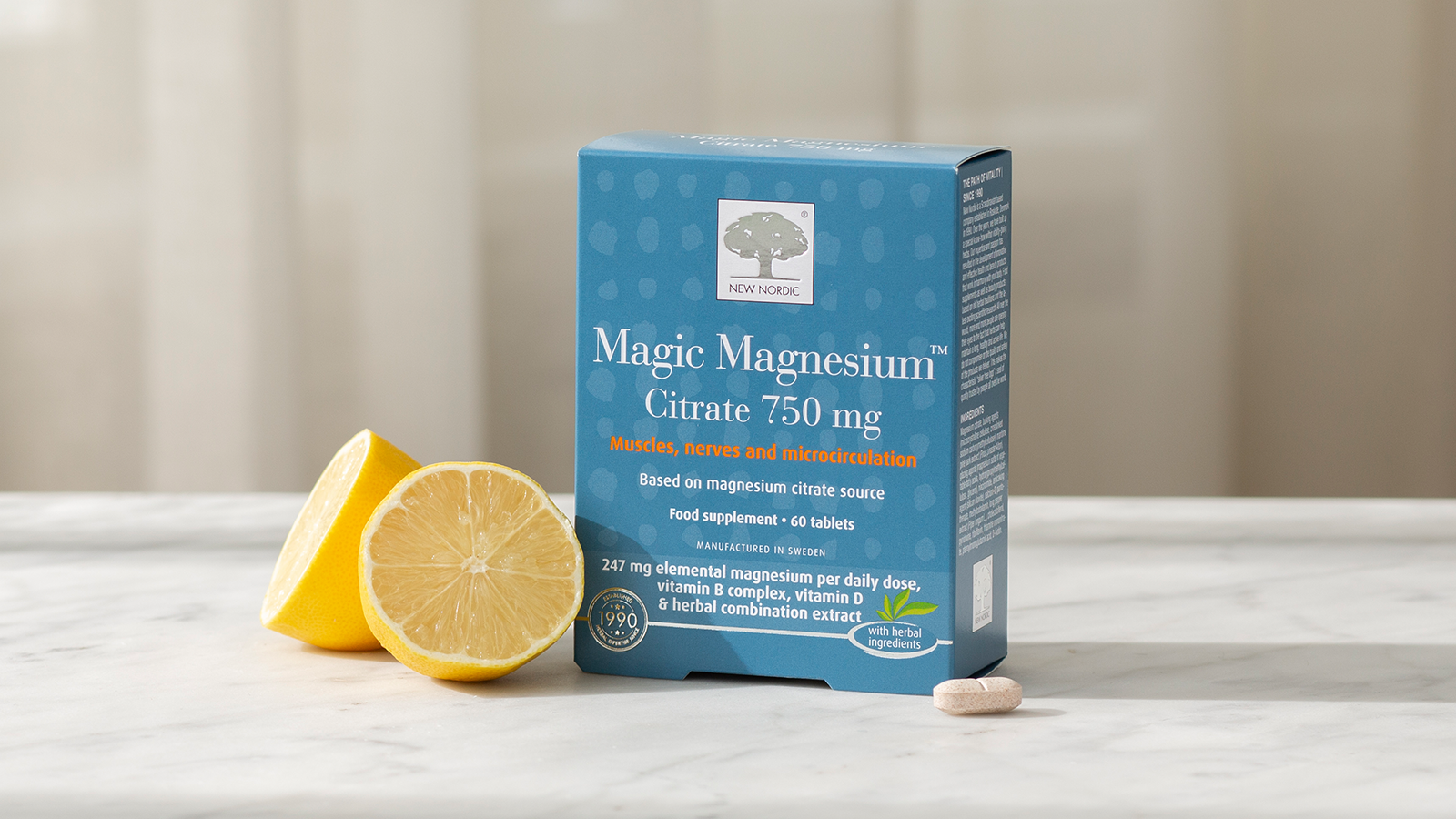 Herbal Schools 42 Magic Magnesium™ Citrate package with lemons and a tablet on a light background.