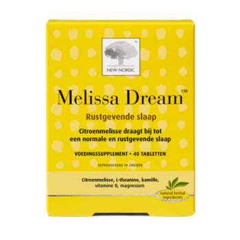 New Nordic Melissa Dream™ tabletten i gele verpakking met tekst over rustgevende slaap.