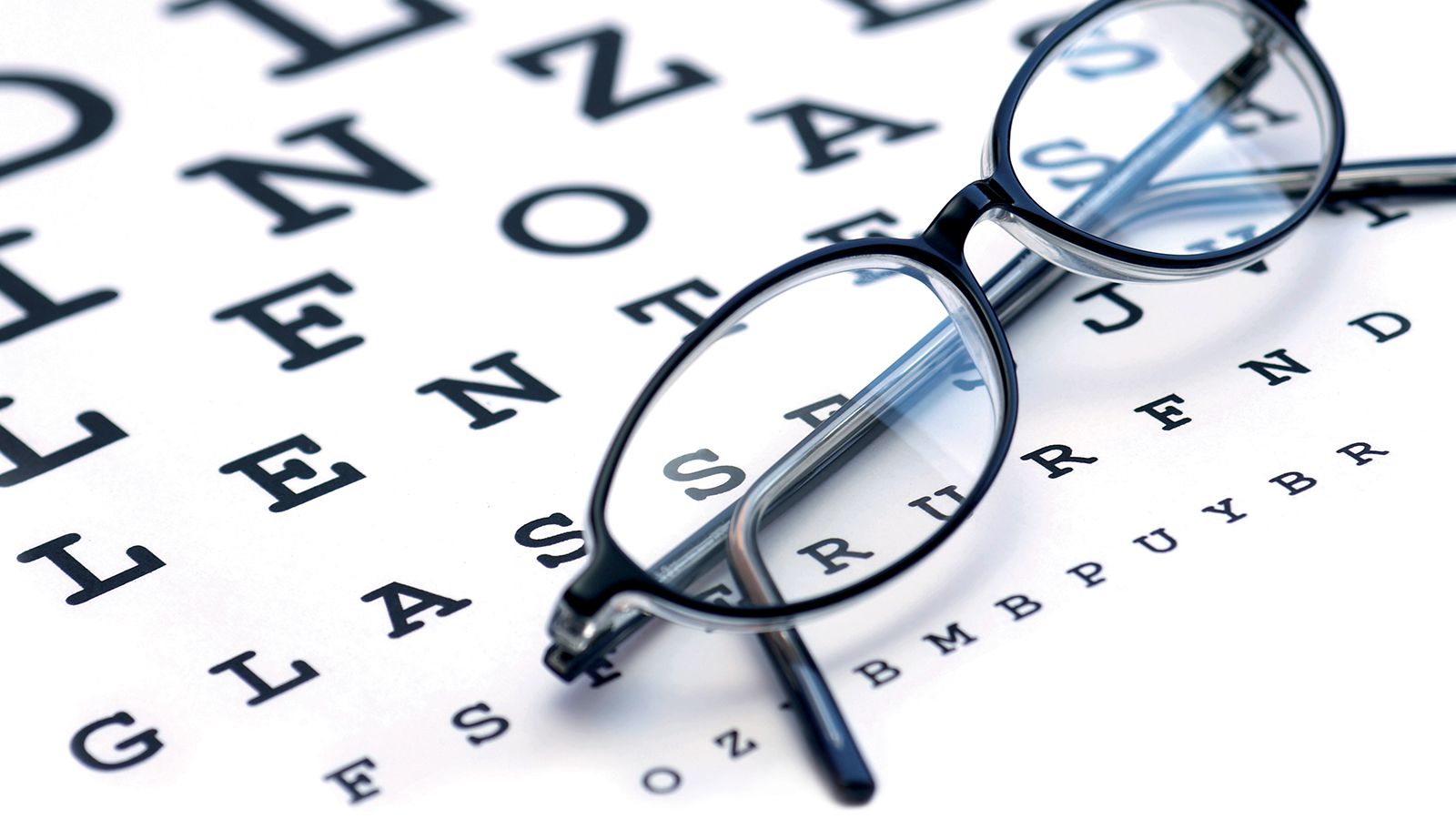 8 Tips to Prevent Eyestrain 3 Eyeglasses on eye chart background.
