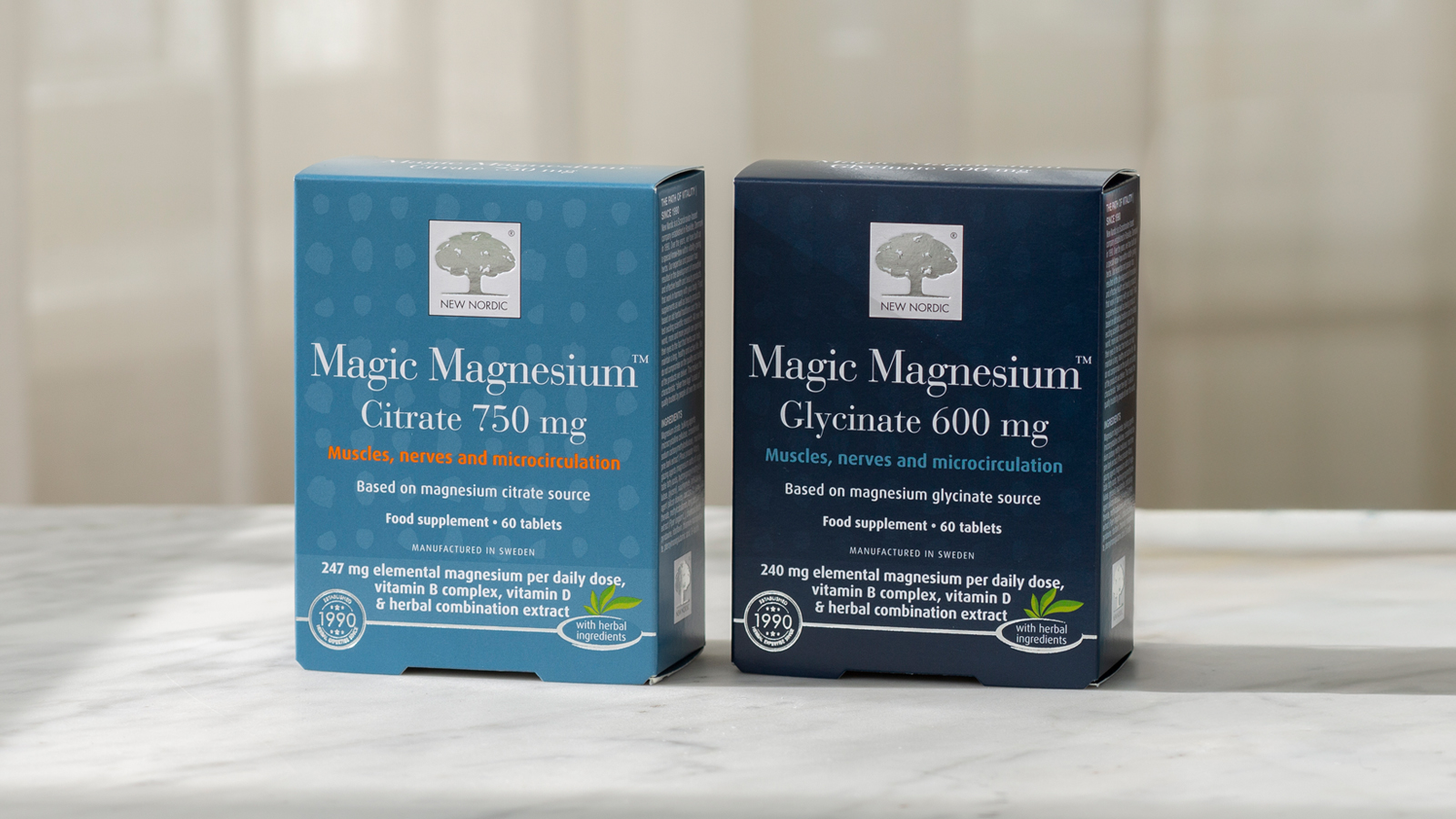 Active Magnesium™ Malate 14 Blue packages of Magic Magnesium™ Citrate 750 mg and Magic Magnesium™ Glycinate 600 mg displayed together.