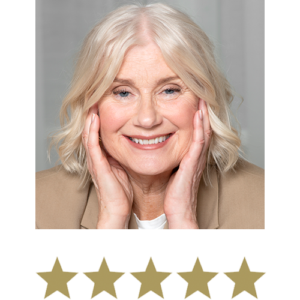 Natural Magic™ Anti-ageing Cream 3 Woman smiling with five stars displayed underneath.