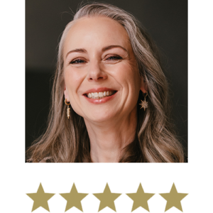 Natural Magic™ Firming Serum 2 Woman smiling with five stars displayed underneath.