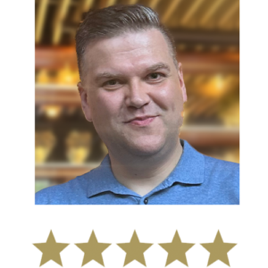 Natural Magic™ Amazing Eye Cream 1 Man smiling with five stars displayed underneath.