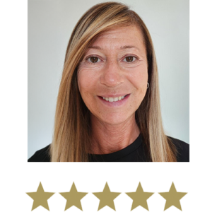 Natural Magic™ Amazing Eye Cream 4 Woman smiling with five stars displayed underneath.