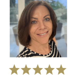 Natural Magic™ Amazing Eye Cream 3 Woman smiling with five stars displayed underneath.