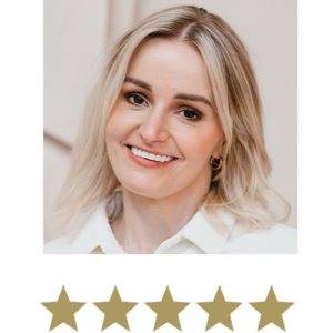 Natural Magic™ Firming Serum 4 Woman smiling with five stars displayed underneath.