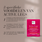 Overzicht van drie voordelen van Active Legs™ met productverpakking en uitleg over ondersteuning van bloedvaten en bloedsomloop.