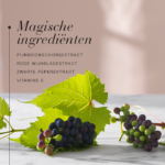 Druiven en bladeren met tekst over ingrediënten zoals pijnboomschors, rode wijnblad en vitamine C.