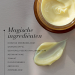 Crèmepot met textuur en tekst magische ingrediënten zoals hyaluronzuur en plantenextracten.