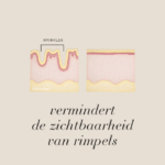 Diagram van de huid met rimpels voor en na, met tekst vermindert de zichtbaarheid van rimpels.
