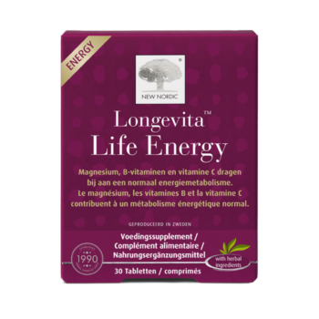 Longevita™ Life Energy verpakking met vitaminen en mineralen, helpt het behoud van een normaal energiemetabolisme.