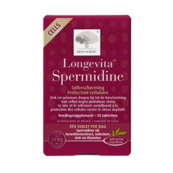 Voorkant van Longevita™ Spermidine verpakking met tarwekiemextract, helpt het behoud van celbescherming.
