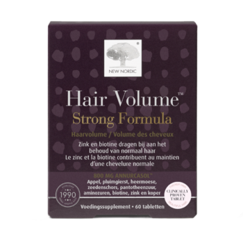 Hair Volume™ Strong Formula verpakking met biotine en zink, helpt het behoud van normaal haar.