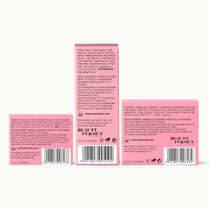 Back of Hyaluronic Active™ Eye Cream, Hyaluronic Active™ Serum and Hyaluronic Active™ Cream packages.